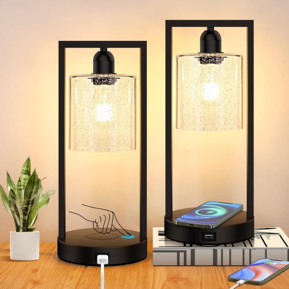 Set of 2 Wireless Charging Touch Control Lamps Dimmable Nightstand USB Port Lamp